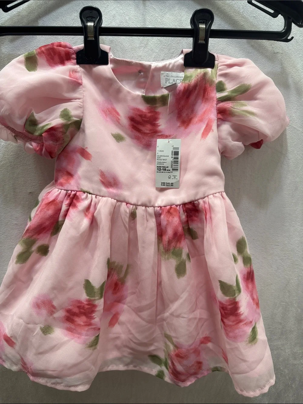 The Children's Place Pink Floral Puff-Sleeve Dress Size 12-18 M NWT